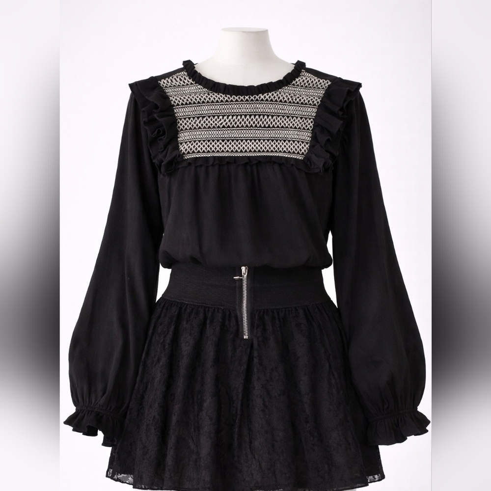 Maurices Black Top with White Embroidered Yoke and Ruffle Details Babydoll Goth